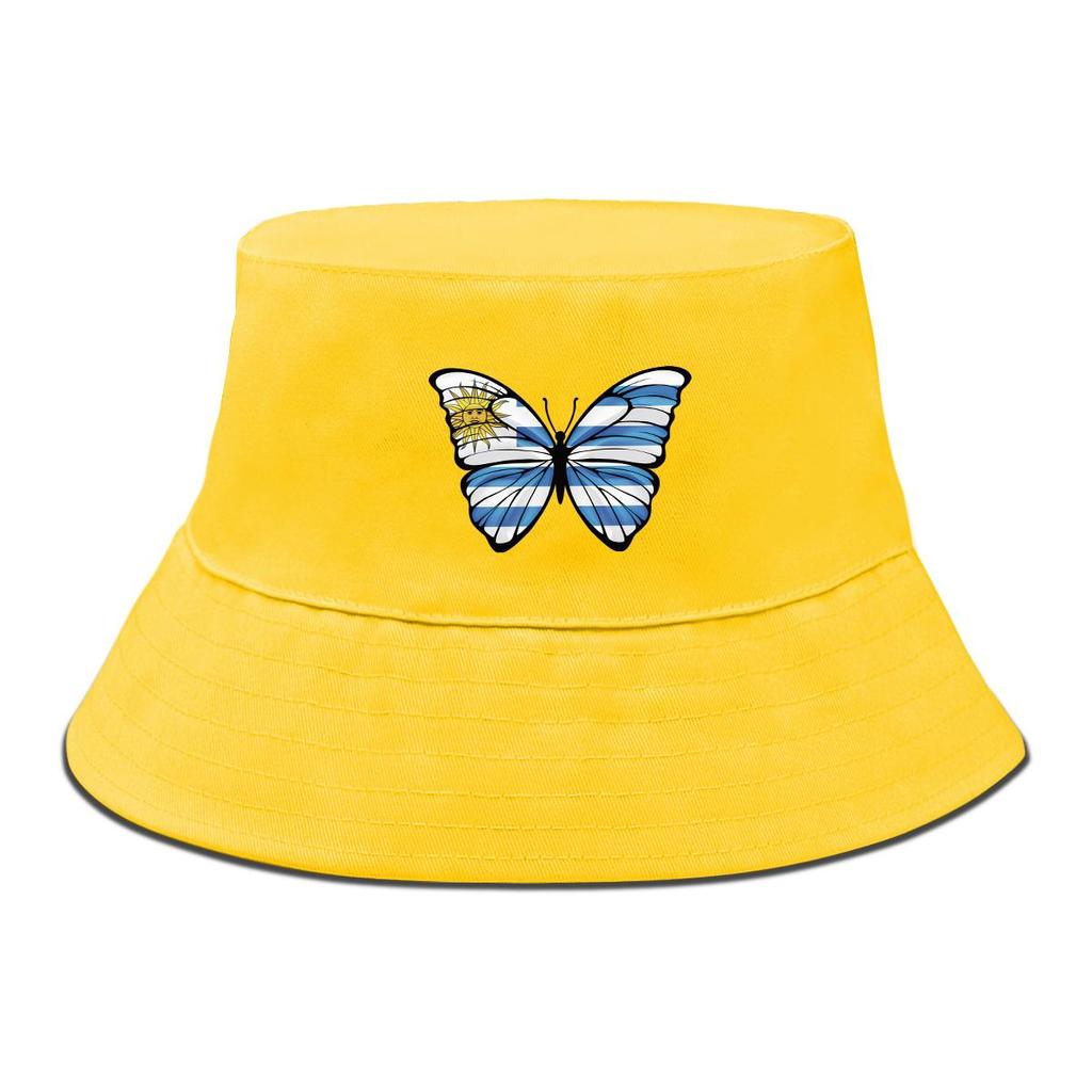 Butterfly Flag of Uruguay Print Bucket Hat , Patriotic Fisherman Hat Fashion Foldable Polyester Basin Cap