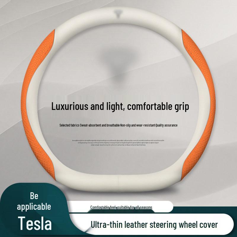 Genuine Leather Steering Wheel Cover for Tesla Model 3, Model Y, Model X - Universal Fit for All Seasons