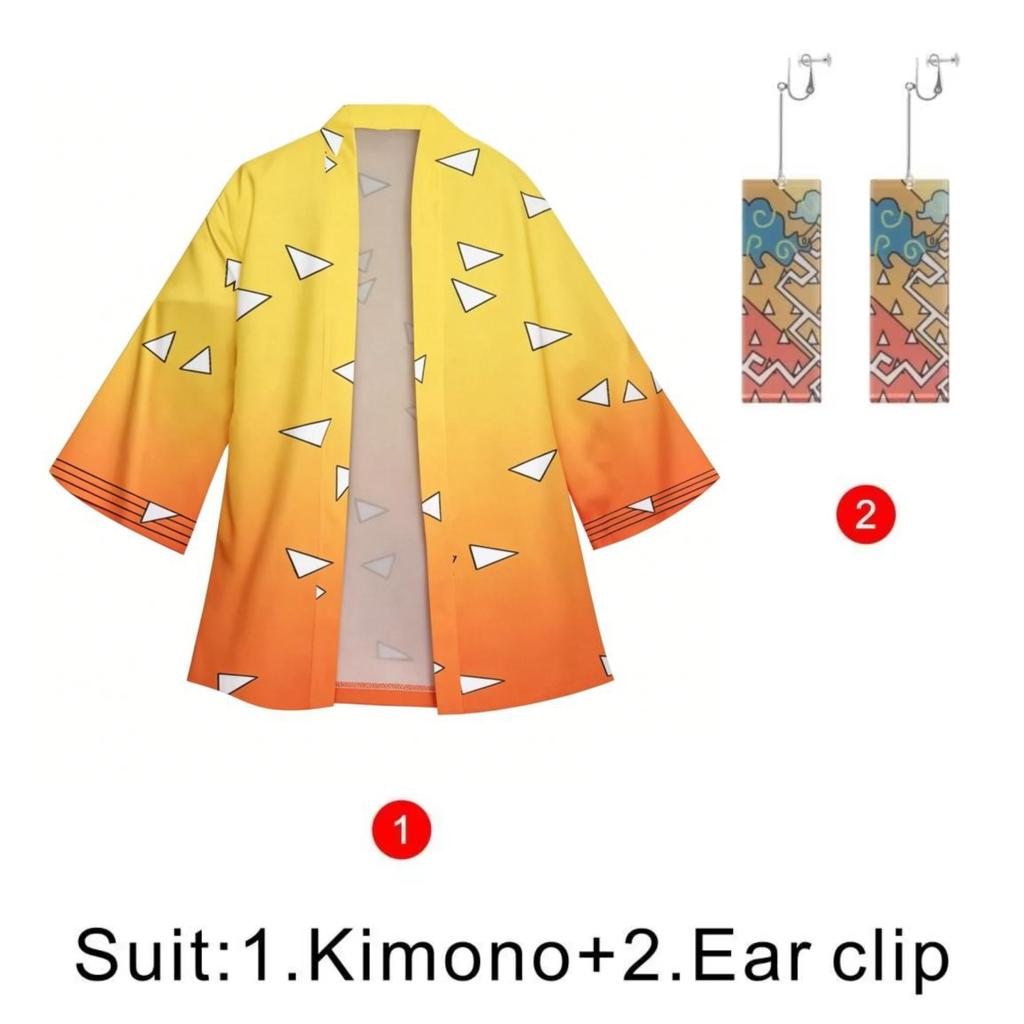 Japanese Anime Men Green Black Checkered Tanjiro Kamado Cosplay Kimono Women Acrylic Ear Clip Accessory Suit Nezuko Kamado Coat