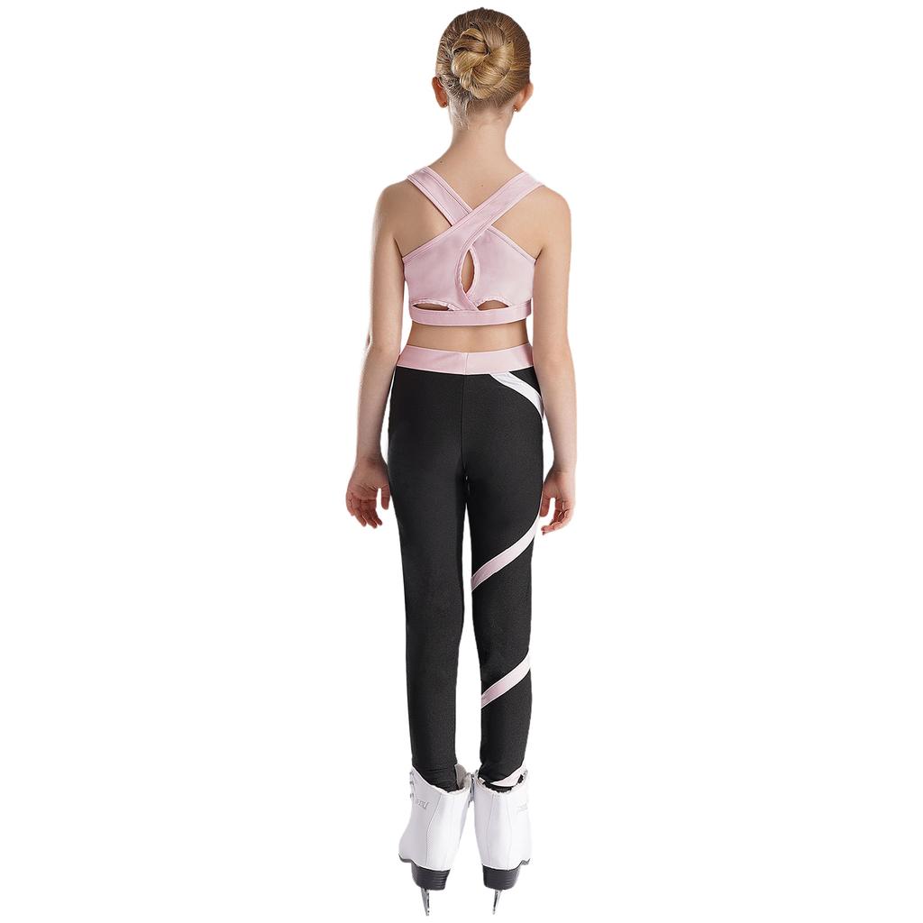Girls Crop Top U Neck Cross Straps Keyhole Back Sleeveless Color Block Leggings Yoga Sports Set