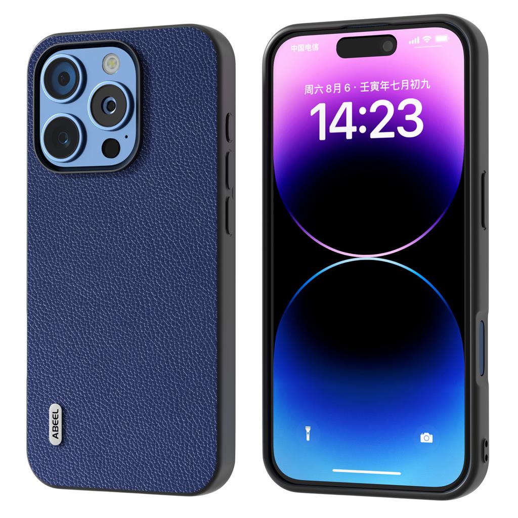 ABEEL For iPhone 16 Pro Case Litchi Texture Genuine Cow Leather+PC Phone Cover