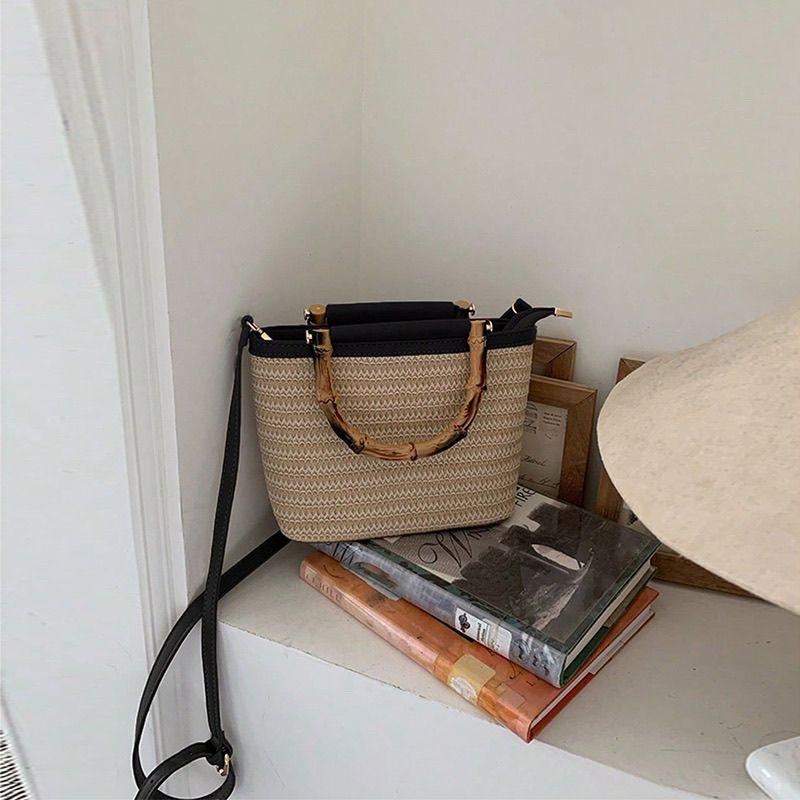 High-End Bamboo Handheld Straw Bag for Women, Niche Versatile Crossbody Woven Bucket Bag, Summer Casual Woven Bag