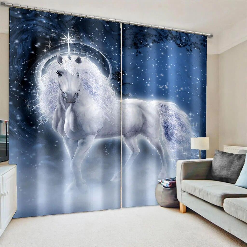 Bohemian Style Psychedelic Unicorn Horse 3D Thin Shading Polyester Semi Sunshade Curtain For Bedroom Living Room Hook Decor