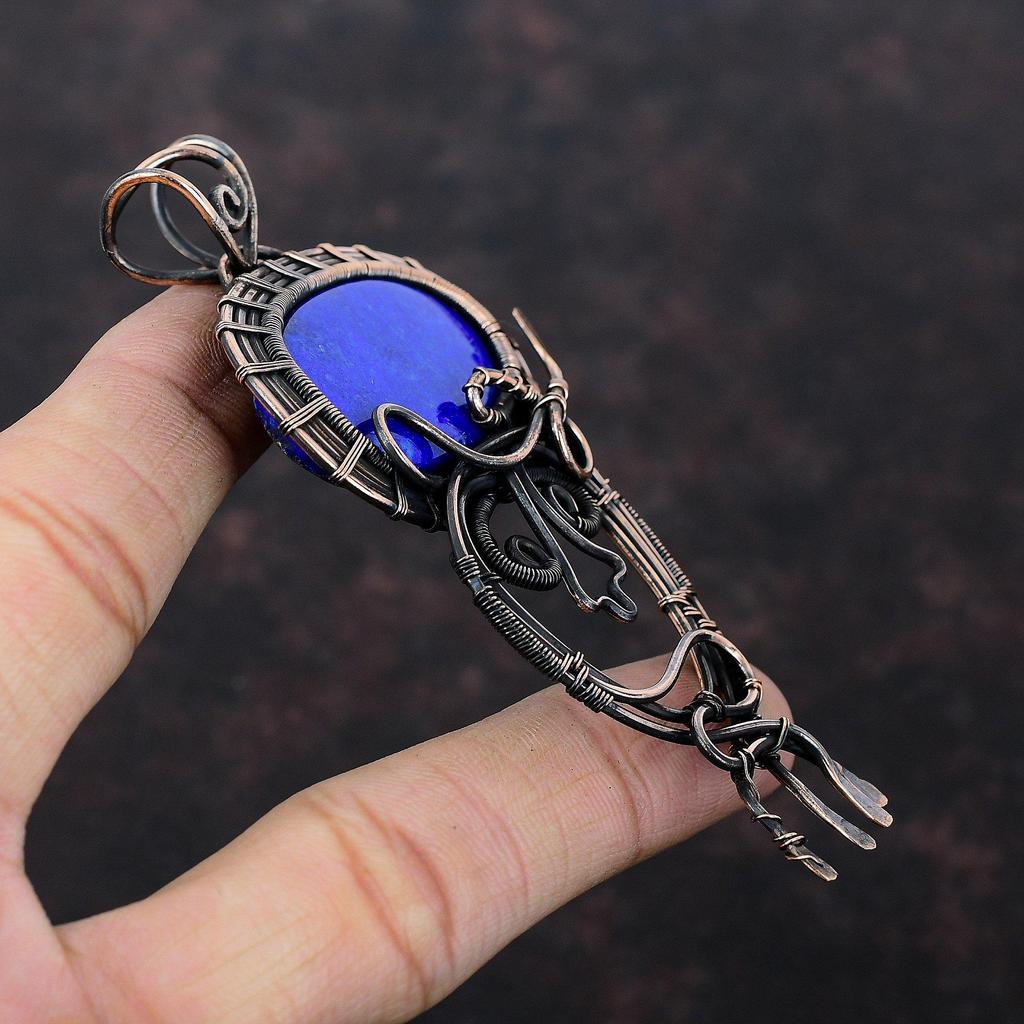 Подвеска из лазурита, медная проволочная обертка, уникальная подвеска ручной работы, медные украшения, подвеска из настоящего драгоценного камня, лазуритовые украшения для подарка
