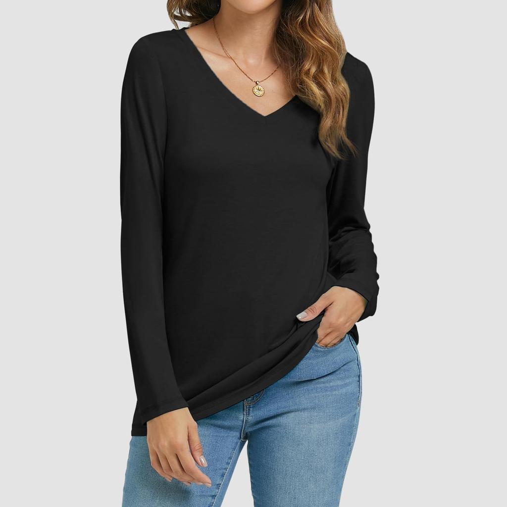 Womens Long Sleeve V Neck Shirts Basic Tee Casual Top Fall Trendy Tunic Outfits Fitted T Shirts