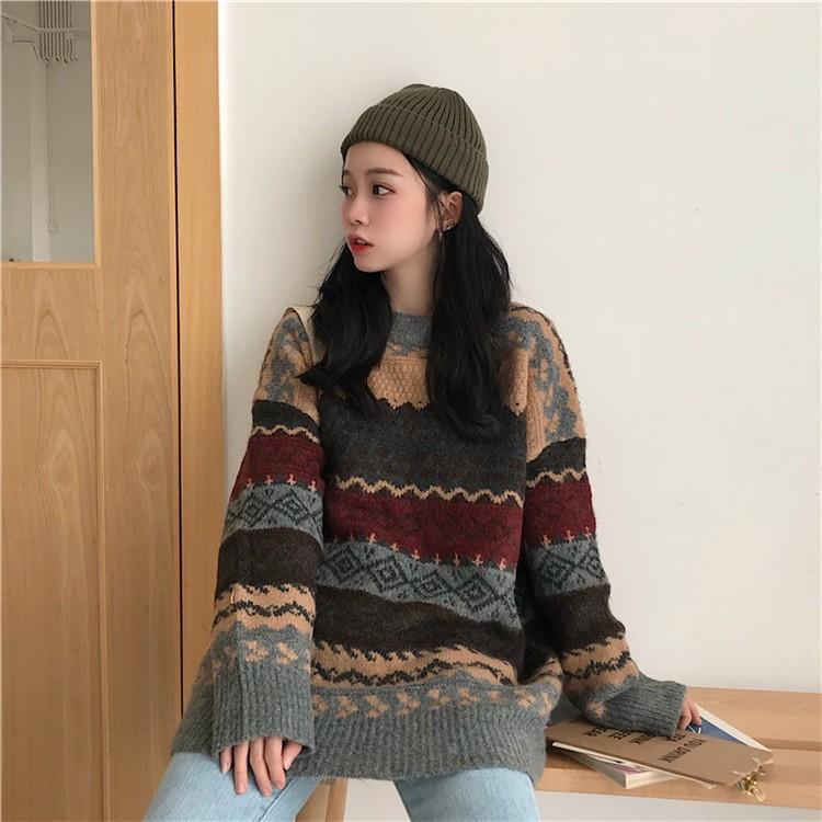 Vintage Sweaters Women Pullover Winter Striped Jumpers Loose Pullover Knitwear Casual Loose Sweater Pull Femme