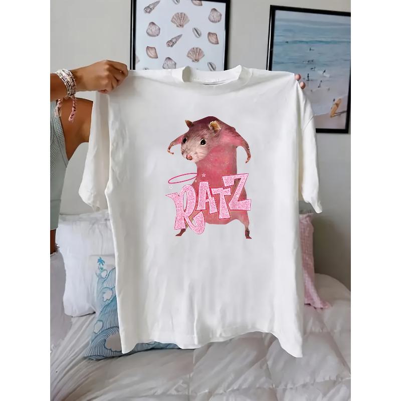 Ratz Fun Pocket Humorous Pattern Printed T-shirt, Short Sleeve Round Neck Summer Spring Casual Top, Women's Wear