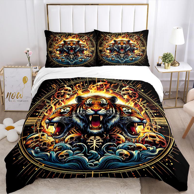 3pcs Flaming Tiger Amidst Waves Pattern Bedding Set, 1* Cover + 2*Pillowcases, Printed Bedding Set, Soft and Comfortable, Suitable for Bedroom an