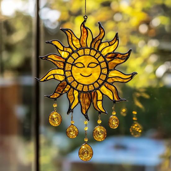 Sun Design Sun Catcher Acrylic Hanging Decoration Stained Glass Inspired Suncatcher Window Decor for Garden or Living Room