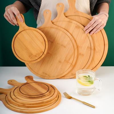 Разделочная доска из бамбука с ручкой, деревянный поднос, круглая прямоугольная разделочная доска для пиццы, нарезанная еда, хлеб, фрукты, овощи