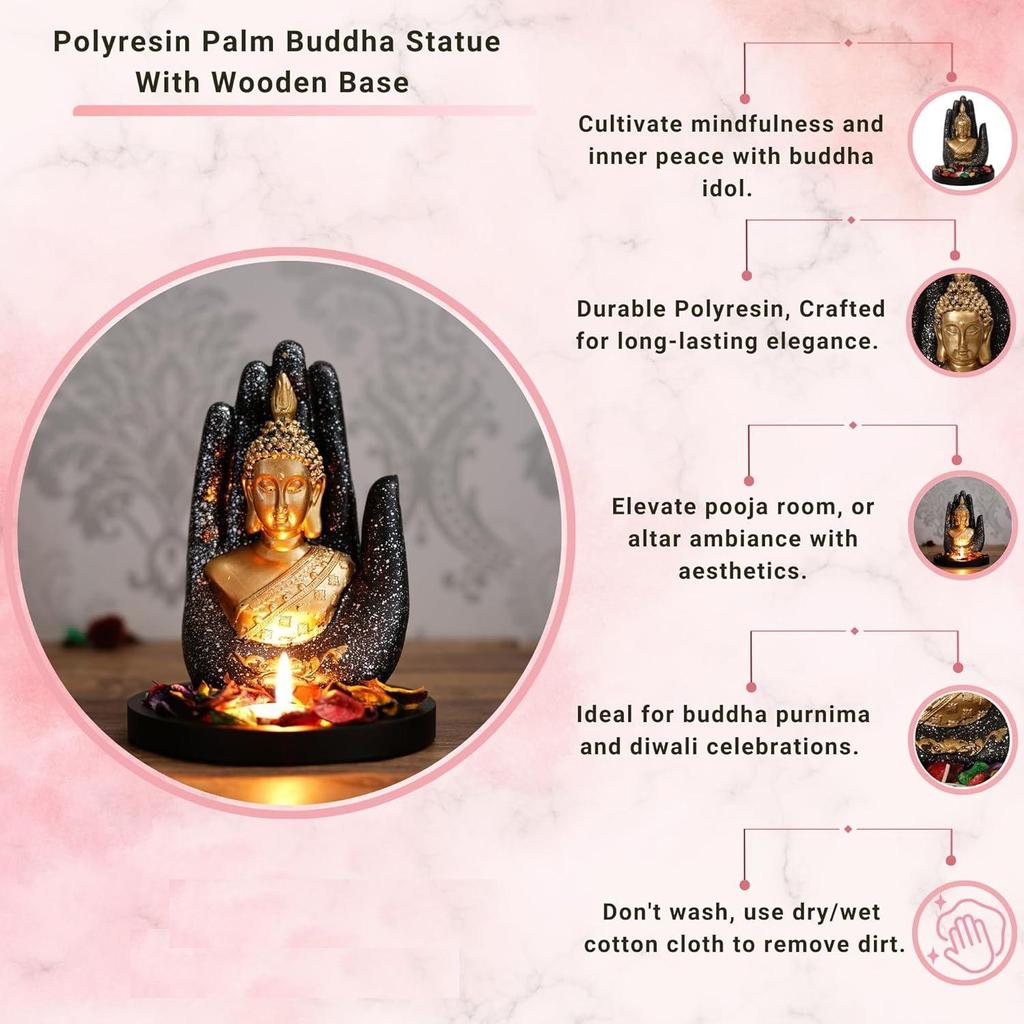 Черная Золотая Полимерная Статуэтка Будды Пальмы Подсвечник для Чайной Свечи | Будда Экспонат для Домашнего Декора Гостиной Офиса |