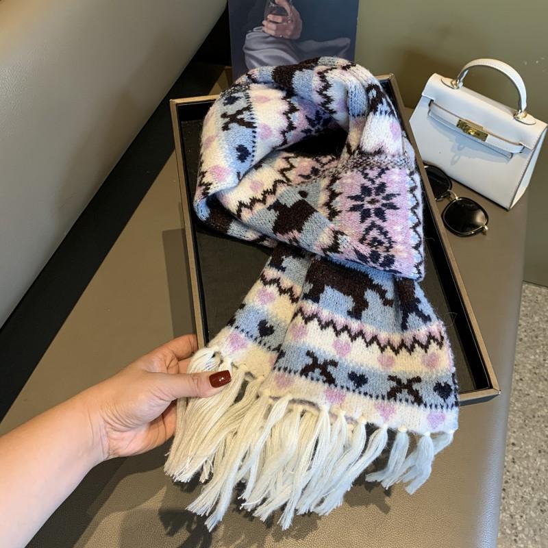 Корейский шарф в стиле INS из вязаного полотна Fair Isle с кисточками, женский, зимний, теплый, смесовый шерстяной, длинный шаль-накидка