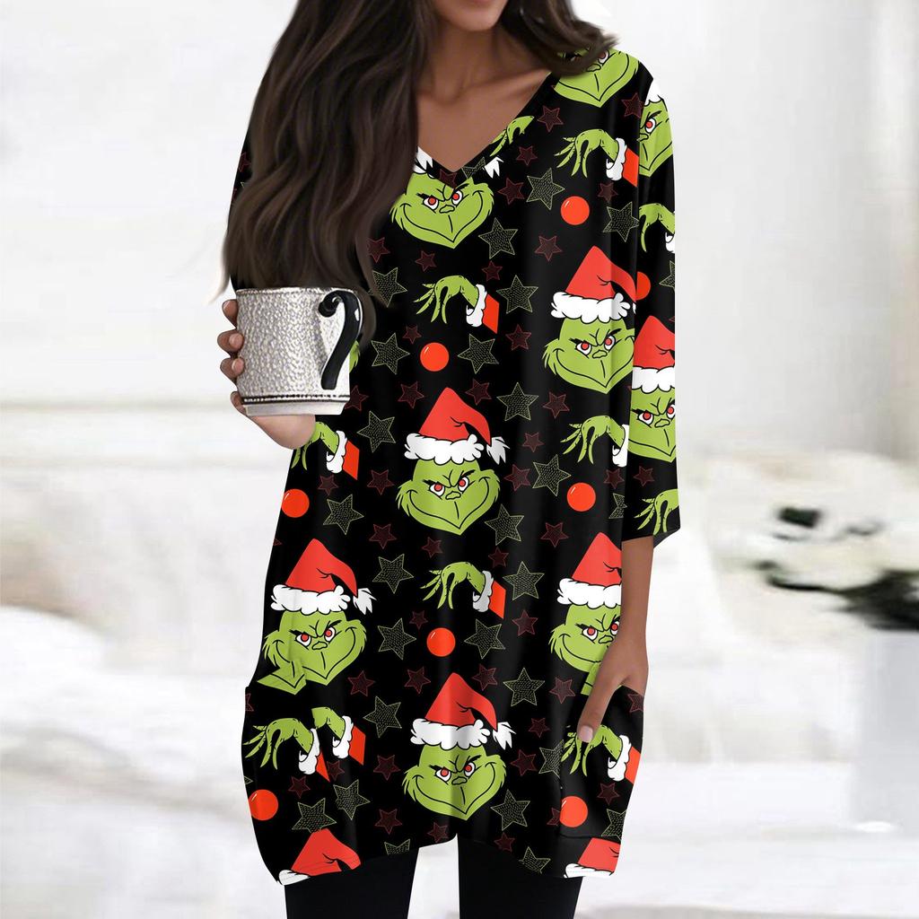 Женские топы с V-образным вырезом и рукавом 3/4, повседневные блузки средней длины, модные туники с рождественским принтом и карманами