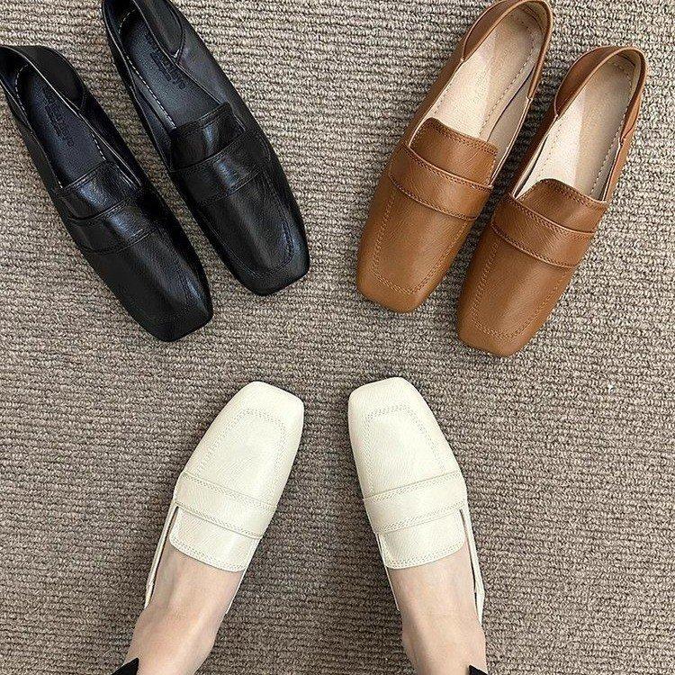 Весна 2024 новые туфли с квадратным носком в стиле ретро на плоской подошве, повседневные одинарные туфли из мягкой кожи на мягкой подошве, лоферы на одном педале, маленькие кожаные туфли женские