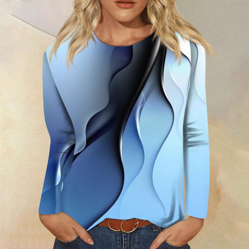 Women's Fashion Casual Long Sleeve Print Round Neck Pullover Top Blouse