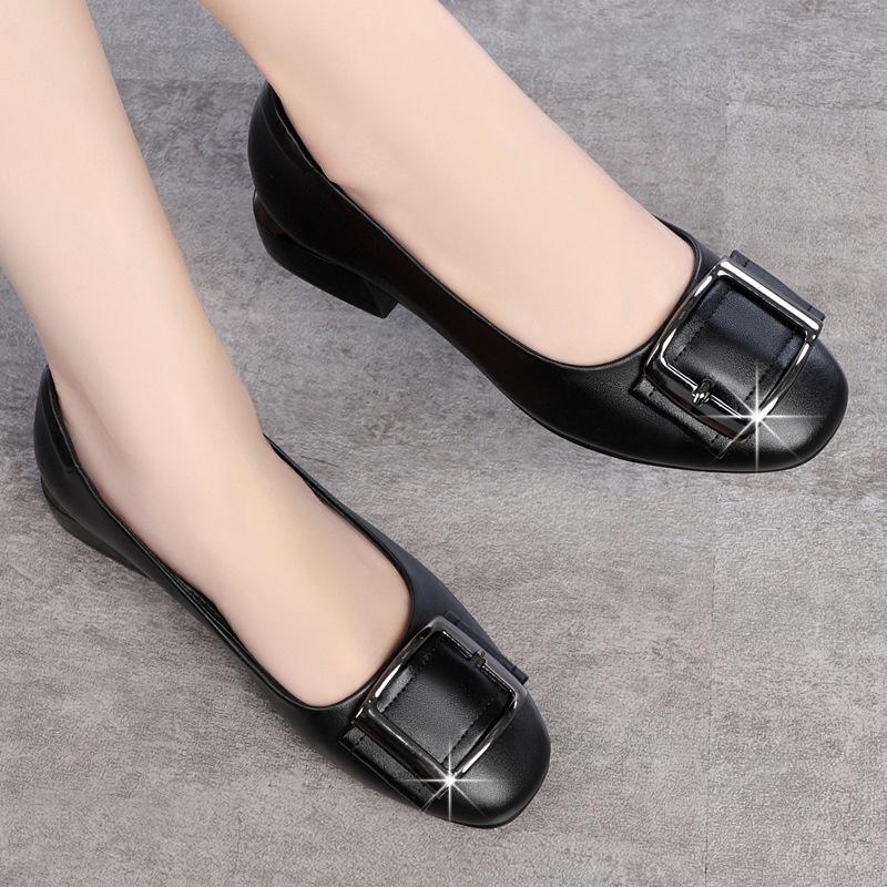 Комфортные весенние туфли из мягкой кожи с неглубоким носком и толстым каблуком, противоскользящие, женские, универсальные, на низком каблуке, с мягкой подошвой