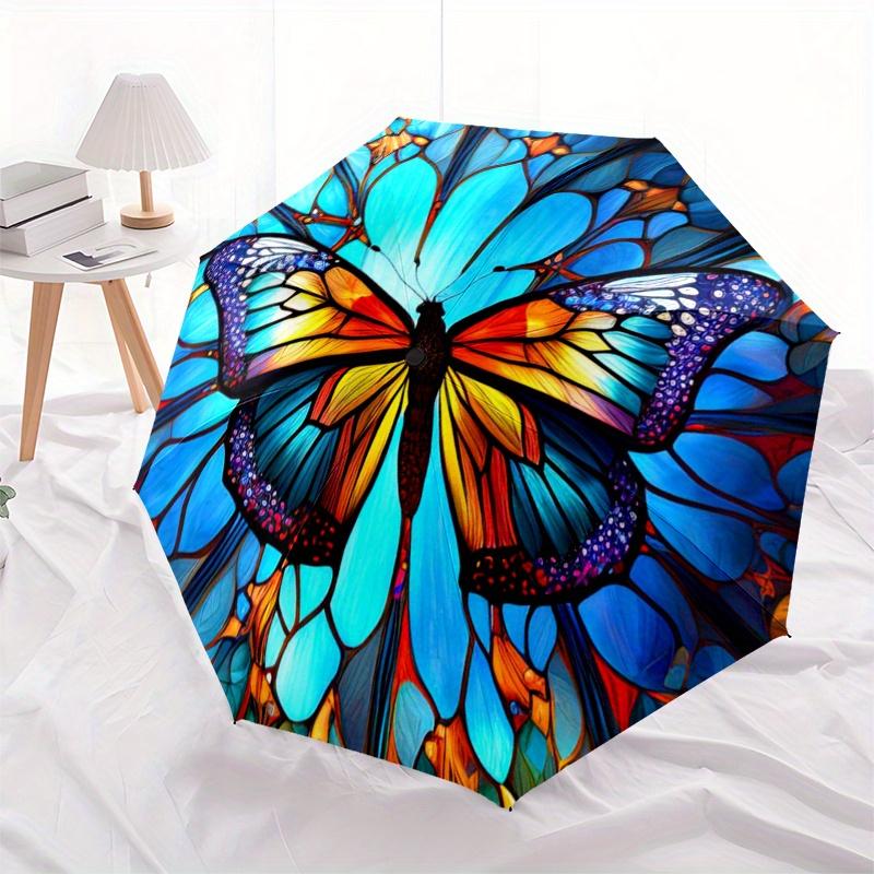 Colorful Butterfly Stained Umbrella, Portable 3-Fold Umbrella for Men & Women,Christmas Gift ES232