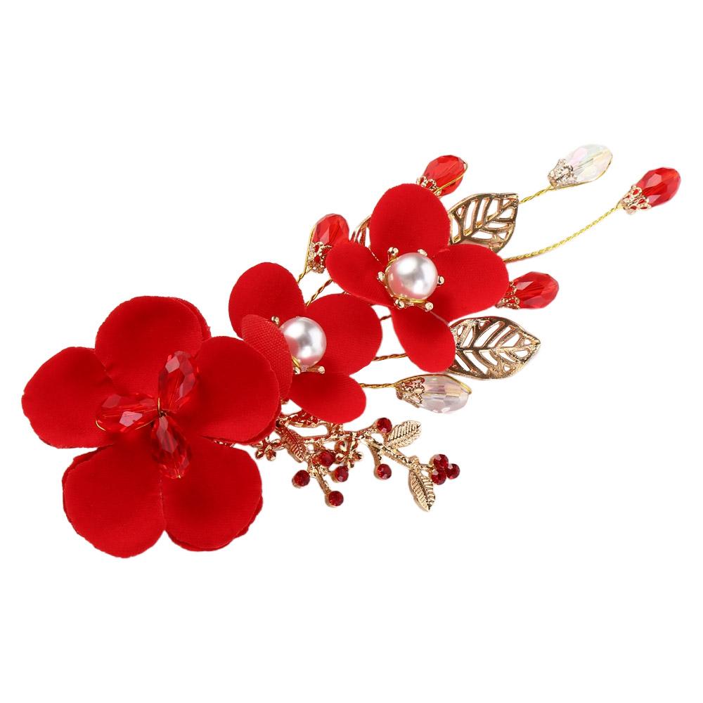 Sweet Crystal Leaf Hair Ornaments Pearl Red Flower Women Barrettes Festival Hairpins Chinese Hanfu Hair Clips Duckbill Clips