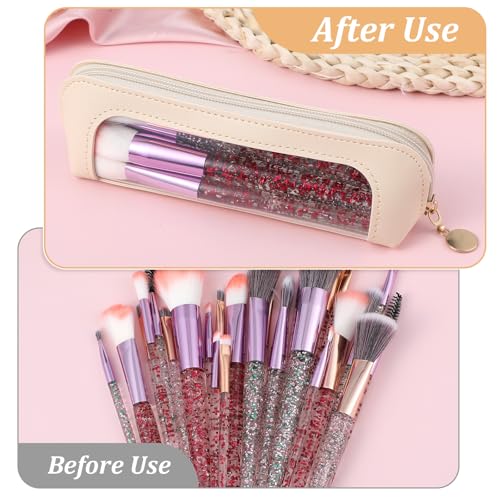 Beige Transparent Makeup Storage Bag Portable Waterproof PU Leather Makeup Brush Bag