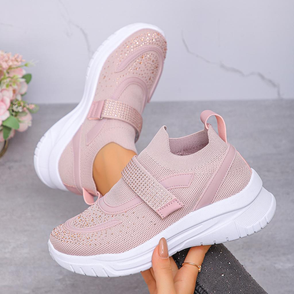 Женские кроссовки Flyknit широкой полноты с кристальной отделкой - Повседневная обувь на глубокой V-образной платформе с ремешком на липучке с бусинами, Дышащие модные кроссовки