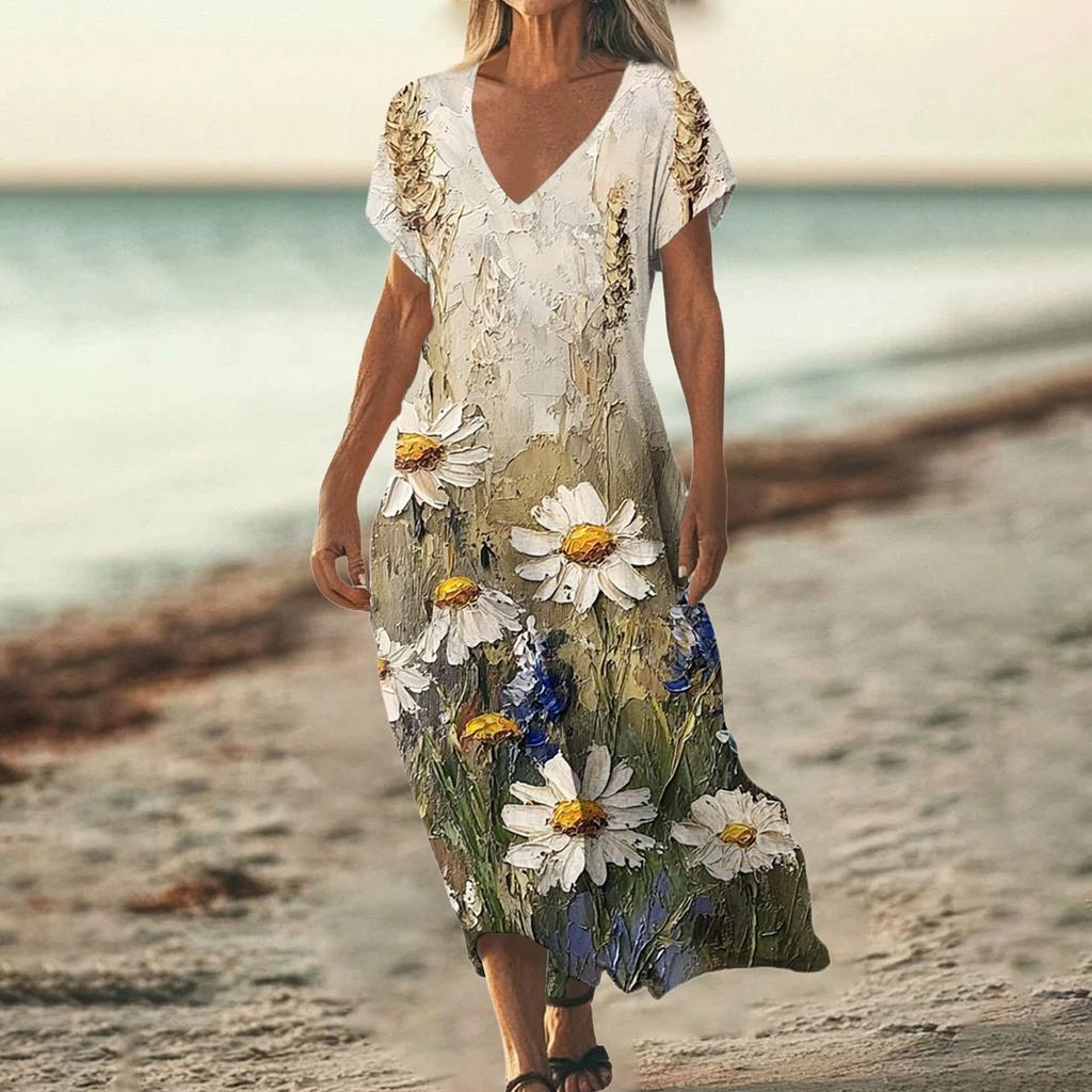 Fashion Women's Summer V-neck Short Sleeve Cotton And Linen Vintage Floral Print Beach Dress