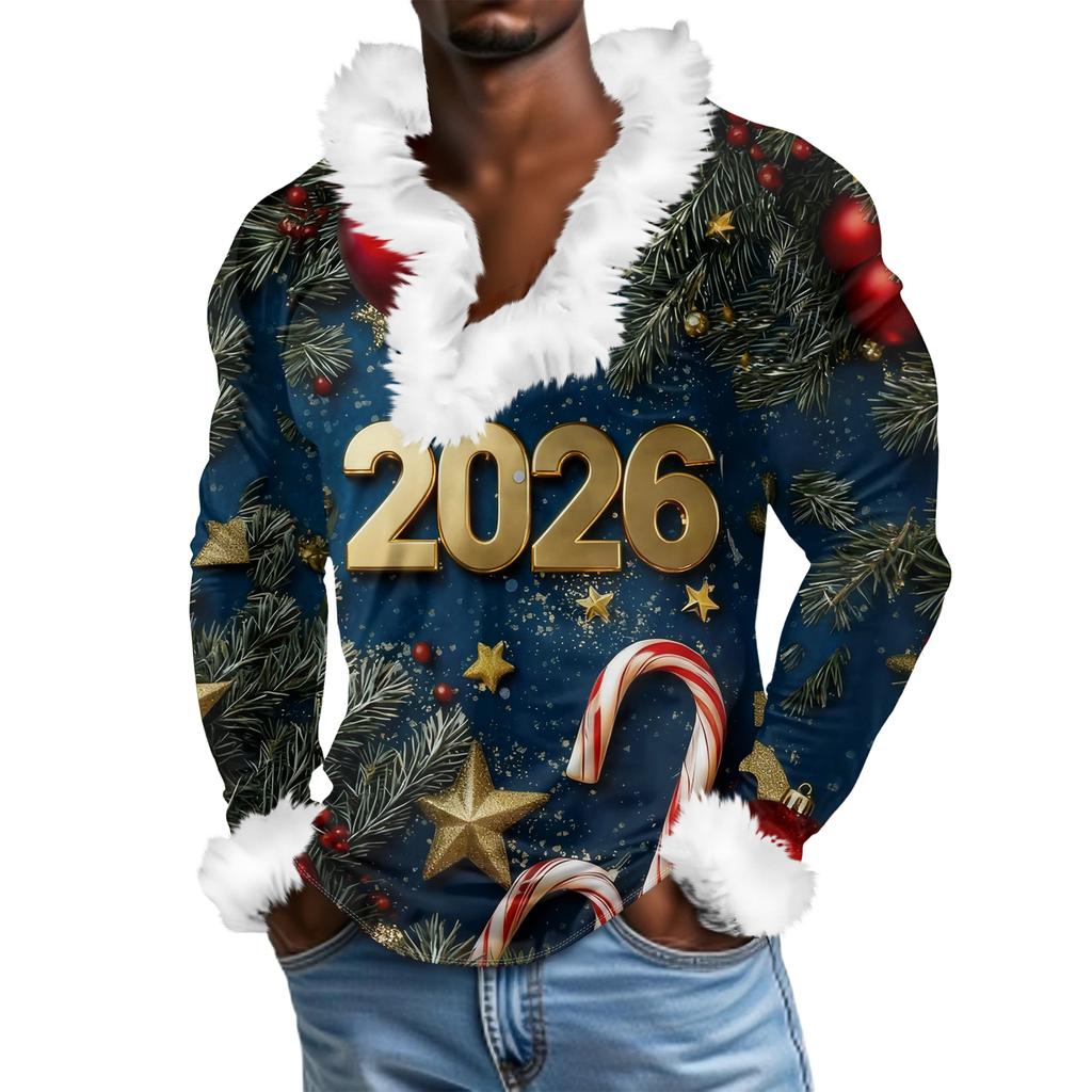 Мужской повседневный рождественский плюшевый свитшот с V-образным вырезом и длинными рукавами из флиса