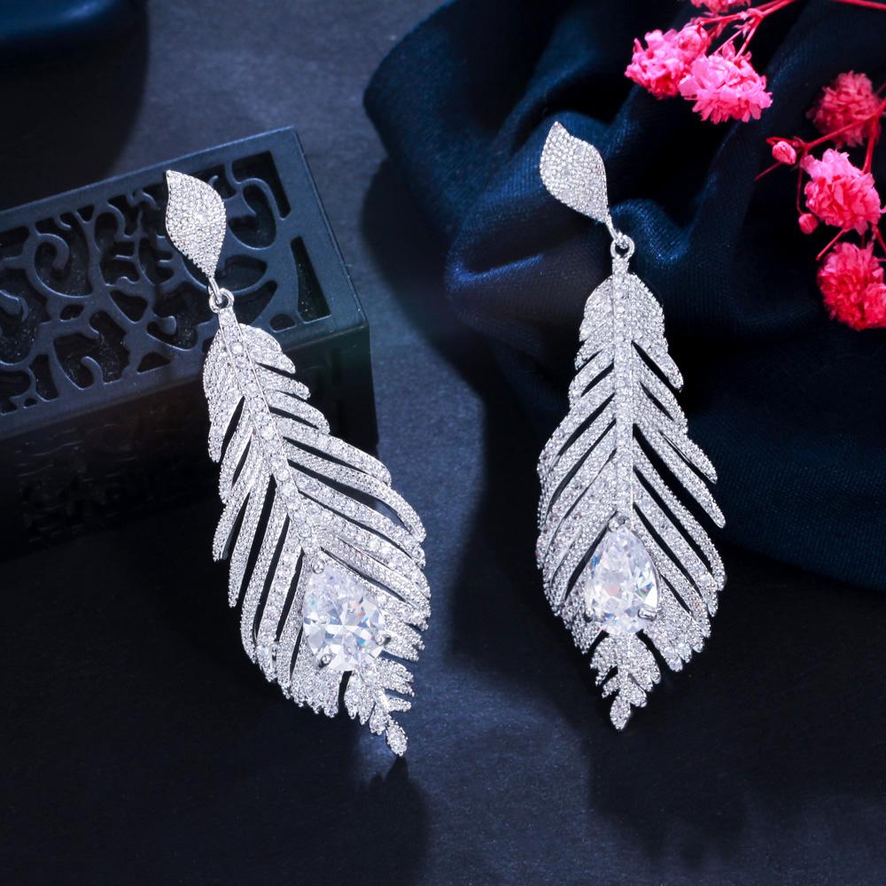 CMM Beautiful Sparkling Zircon Long Feather Drop Earrings