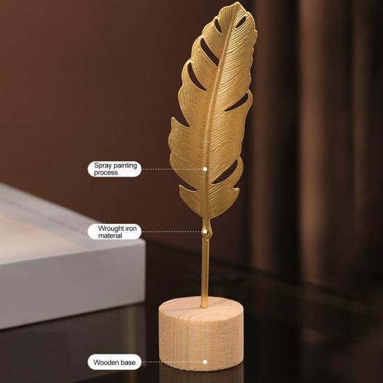 Golden Ginkgo Leaf Decoration with Wood Base Metal Feather Leaves Snowflake Figurine Statue Sculpture Home Office Living