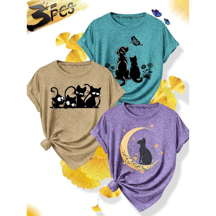 3 Simple and elegant women's party attire Cat and Dog Silhouette Series Round Neck Casual Sporty Fresh Elegant Plus Size Women's Short Sleeve T