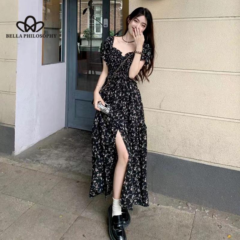 French Square Collar Floral Dress Women's Summer 2024 New Waist Mid-length Slit A-line Long Dress
