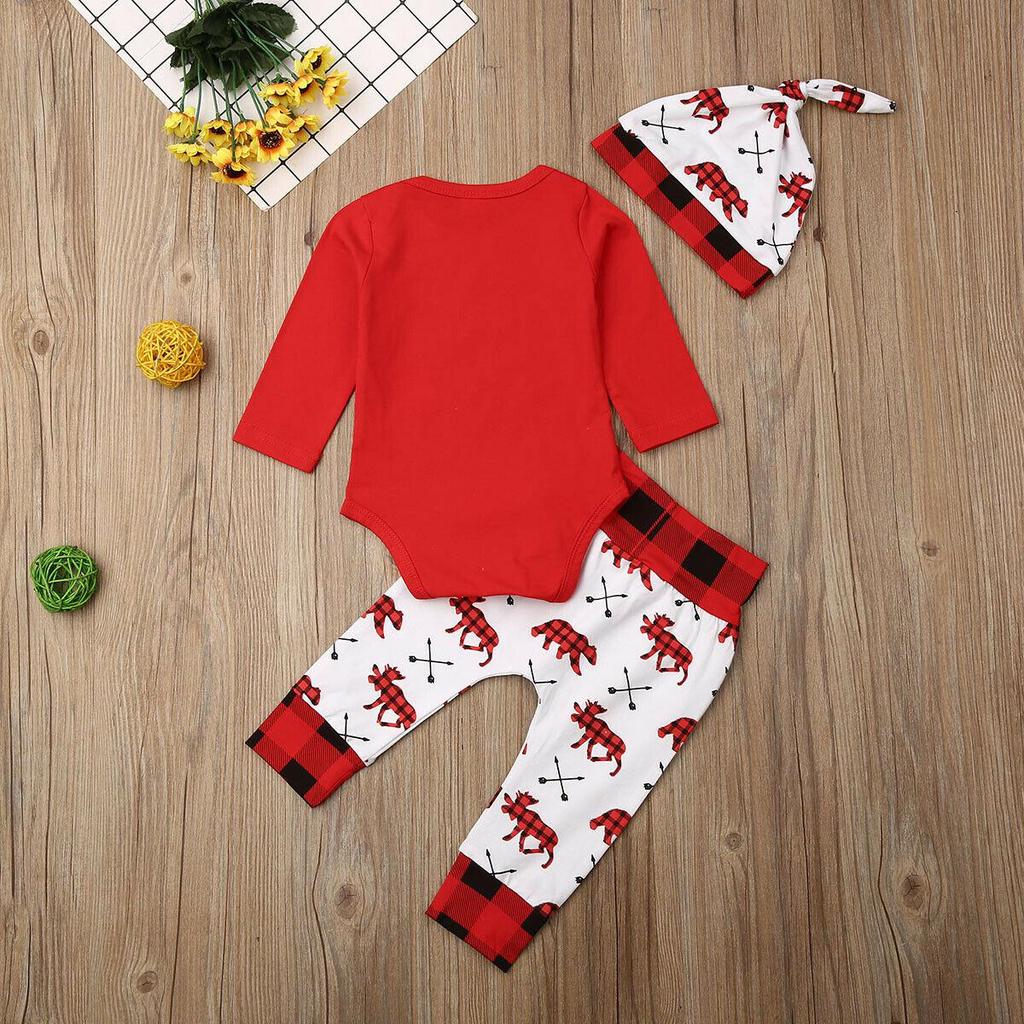 Christmas Baby Newborn First Xmas Romper +Pants+Hat Clothes