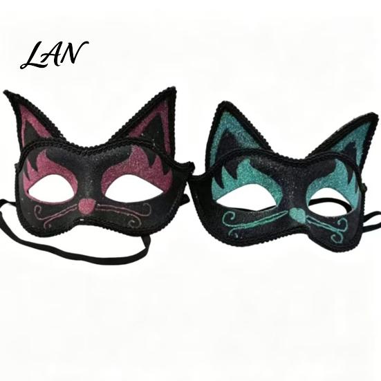 Decorative Party Mask Cat Half Face Mask, Halloween Glitter Venetian Masquerade Costume Accessory Rhinestone Ear for Cosplay