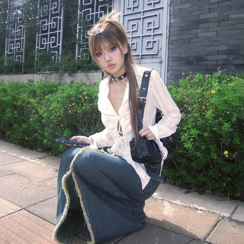 2KWEIRD Y2k Aesthetics Pleated Shirt Fairycore Lace Up Blouse Trashy 2000s Style V-neck Shirt Irregular Japanese Harajuku 90s