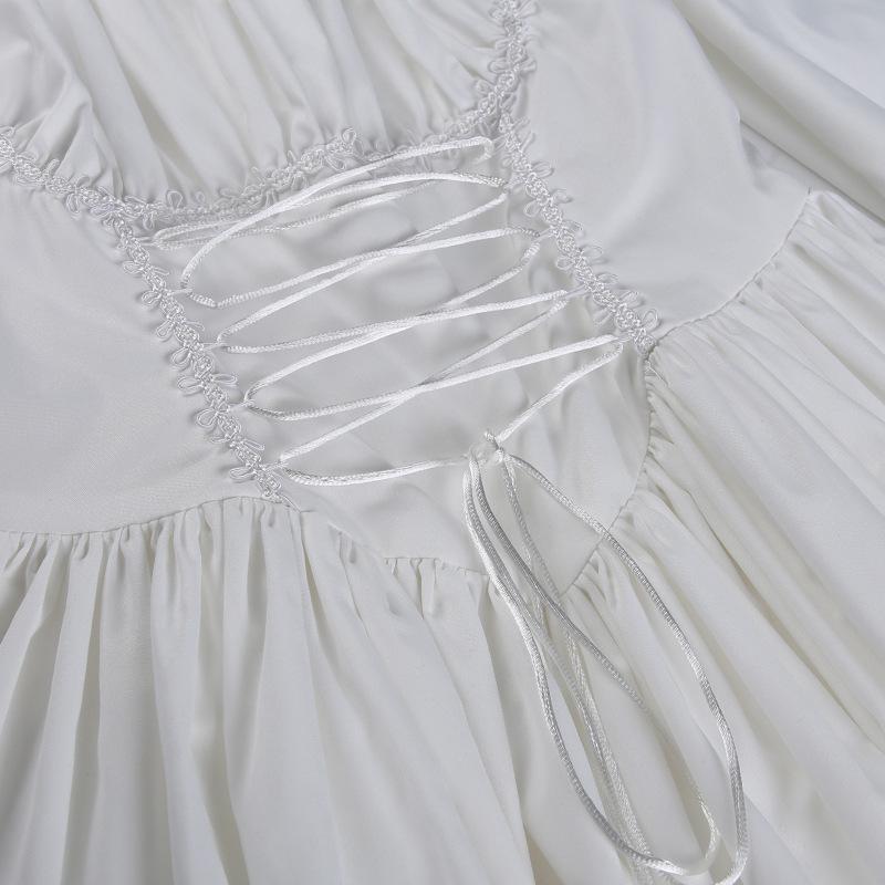 Women Fall Cute Sweet Puff Sleeve Square Collar Solid Color High Waist A-line Lace Princess Dress