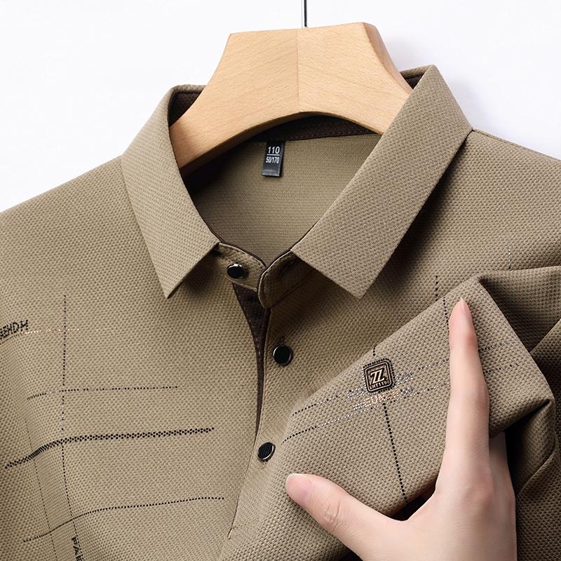 2025 Новинка Осени Мужская Футболка Поло с Длинным Рукавом для Среднего Возраста, Деловая, Удобная, Однотонная, с Воротником
