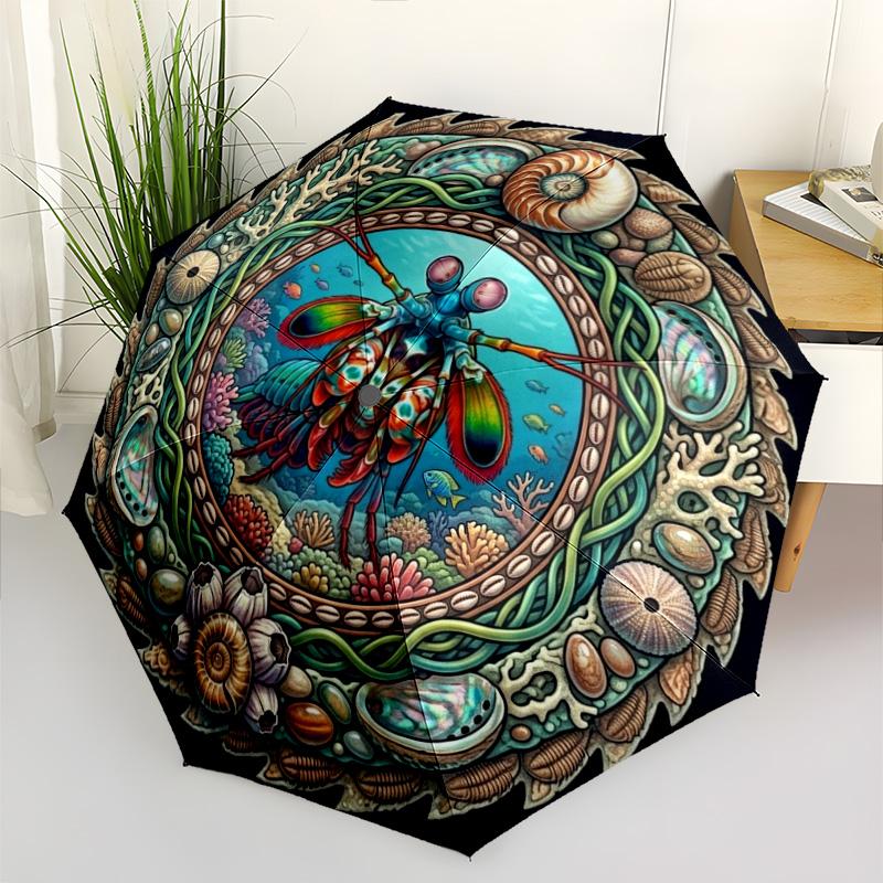 Oceanic Mantis Shrimp Mandala pattern umbrella, portable and foldable design, 8 ribs, a casual accessory for Halloween, Christmas, and birthday gifts.