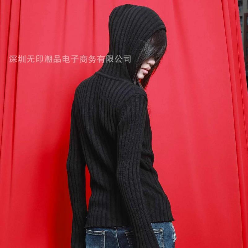 Y2K Dark Style Ribbed Knit Zip Up Cardigan Slim Fit Long Sleeve Sweater Women Streetwear