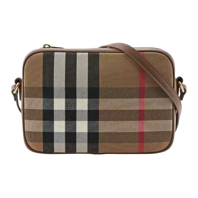 Burberry Винтажная клетчатая холщовая сумка через плечо для камеры с кожаной отделкой и золотой фурнитурой для повседневного использования