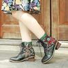 2024 Autumn and Winter New Leather Hand-polished Retro Printing Splicing Comfortable Thick Heel Denim Boots