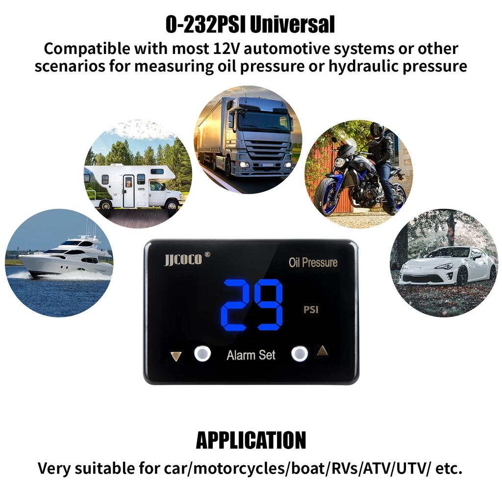 JJCOCO 12V Digital Display Oil Pressure Gauge 1/8 npt electric temperature sensor with alarm