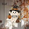 Ghost Theme Decorations Halloween Wooden Welcome Sign for Front Door, Rustic Cartoon Hanging Seasonal Home Accents Plaque with Pumpkin Wizard Hat And