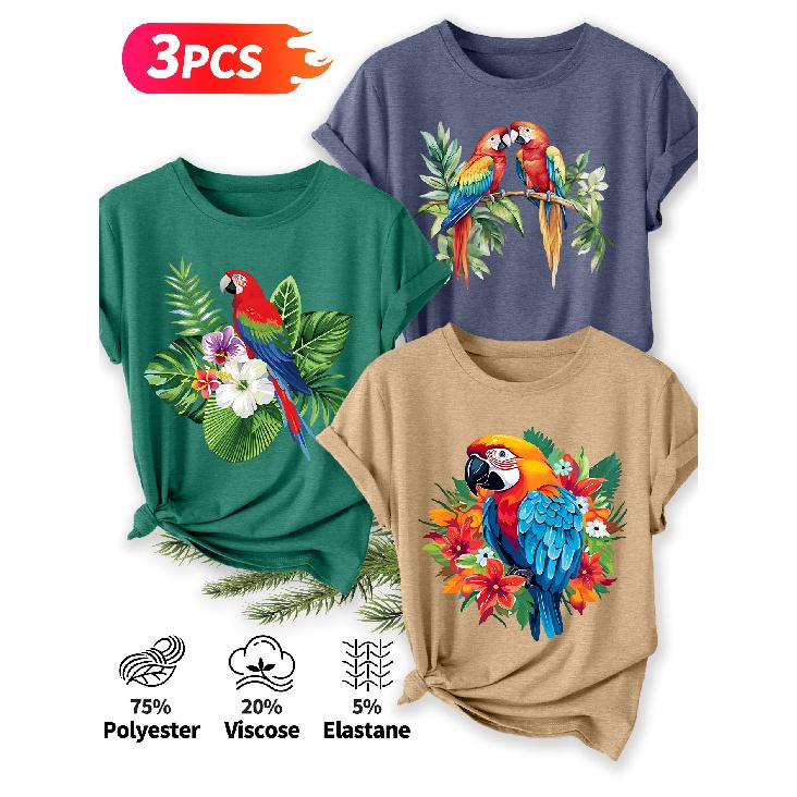 Three-piece set Elegant short-sleeved shirt for women Tropical Parrot Floral Print Pattern Round Neck Short Sleeve Casual Style Holiday Spring