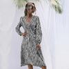 Temperament and Elegance Outer Wear Vintage Women's Zebra Print V-neck Lace-up One-piece Long-sleeved Dresses