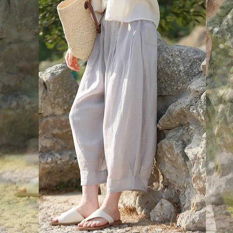 Летние брюки с редисом, свободные эластичные пояса, слегка прозрачные двойные женские брюки с высоким счетом