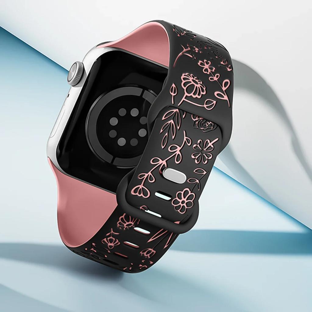Ремешок с гравировкой и цветочным узором для Apple Watch Band Ultra 2 49/ 46/ 45/ 44/ 40/ 42 мм, браслет IWatch Series 10 9 8 7 6 SE 5 4