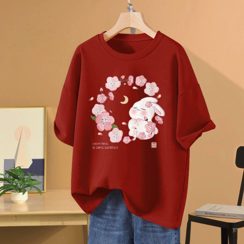 Летний повседневный топ из чистого хлопка с коротким рукавом и круглым вырезом, футболка с принтом мультяшного кролика, базовый пуловер S-5XL