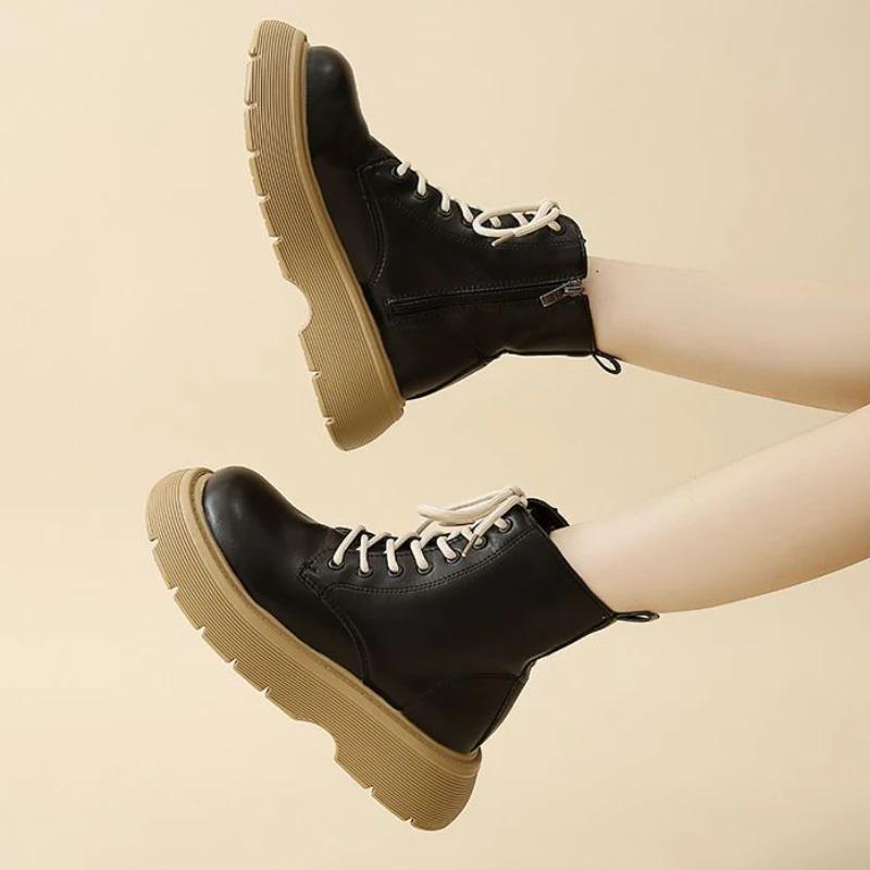 Короткие ботинки в британском стиле для женщин 2024 года, осень, новые, ретро, толстая подошва, увеличивающая рост, универсальная, для похудения, женская обувь, кроссовки