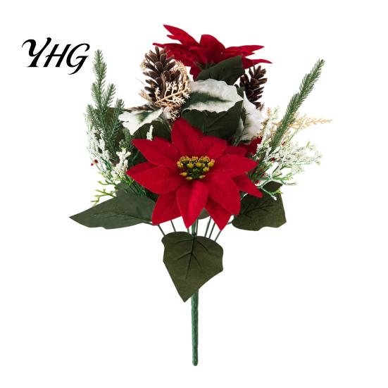 Easy Setup Artificial Potted Flowers 5/7/10/12 Heads Poinsettia Flowers, Christmas Fake Floral Berry Centerpiece, Outdoor UV Resistant
