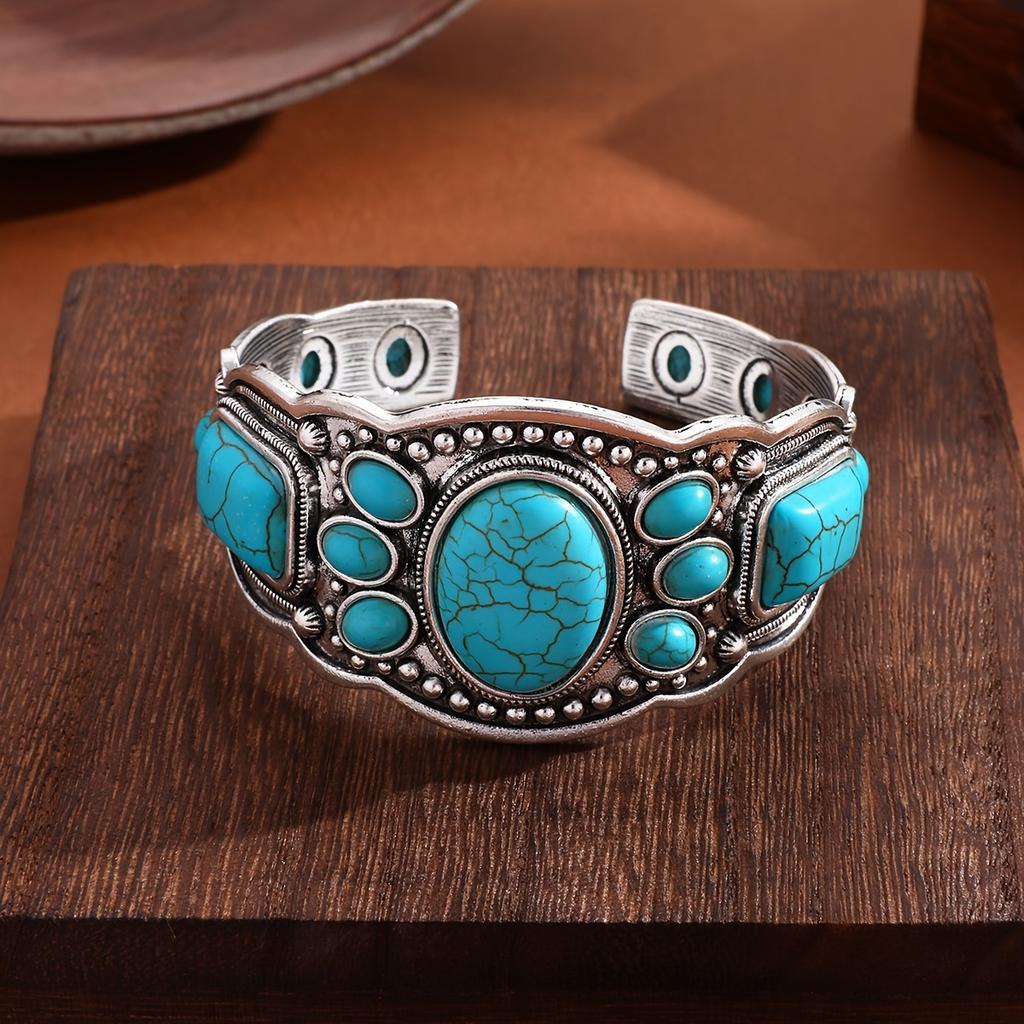 New Retro Bohemian Natural Turquoise Cuff Bracelet Ethnic Style Vacation Casual Travel Accessories For Women Boho Exquisite Accessories