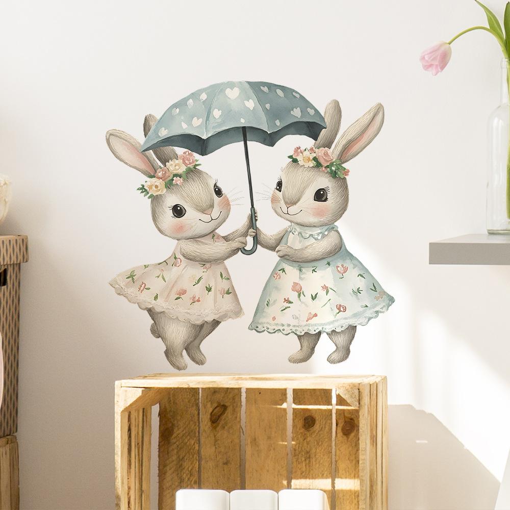 Cartoon-painted Little Rabbits Holding Umbrellas Bedroom Living Room Entrance Hall Home Beautification and Decoration Wall Stickers